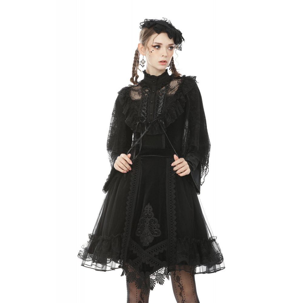 Dark in Love Melisandre Embroidered Velvet Mesh Goth Skirt in Black - DevilGothic DevilGothic