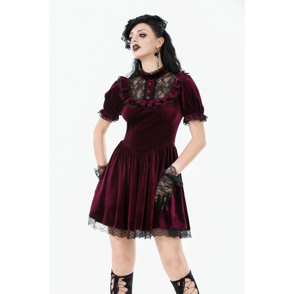 Dark in Love Ophelia Lace Collar Burgundy Velvet Goth Dress - DevilGothic DevilGothic