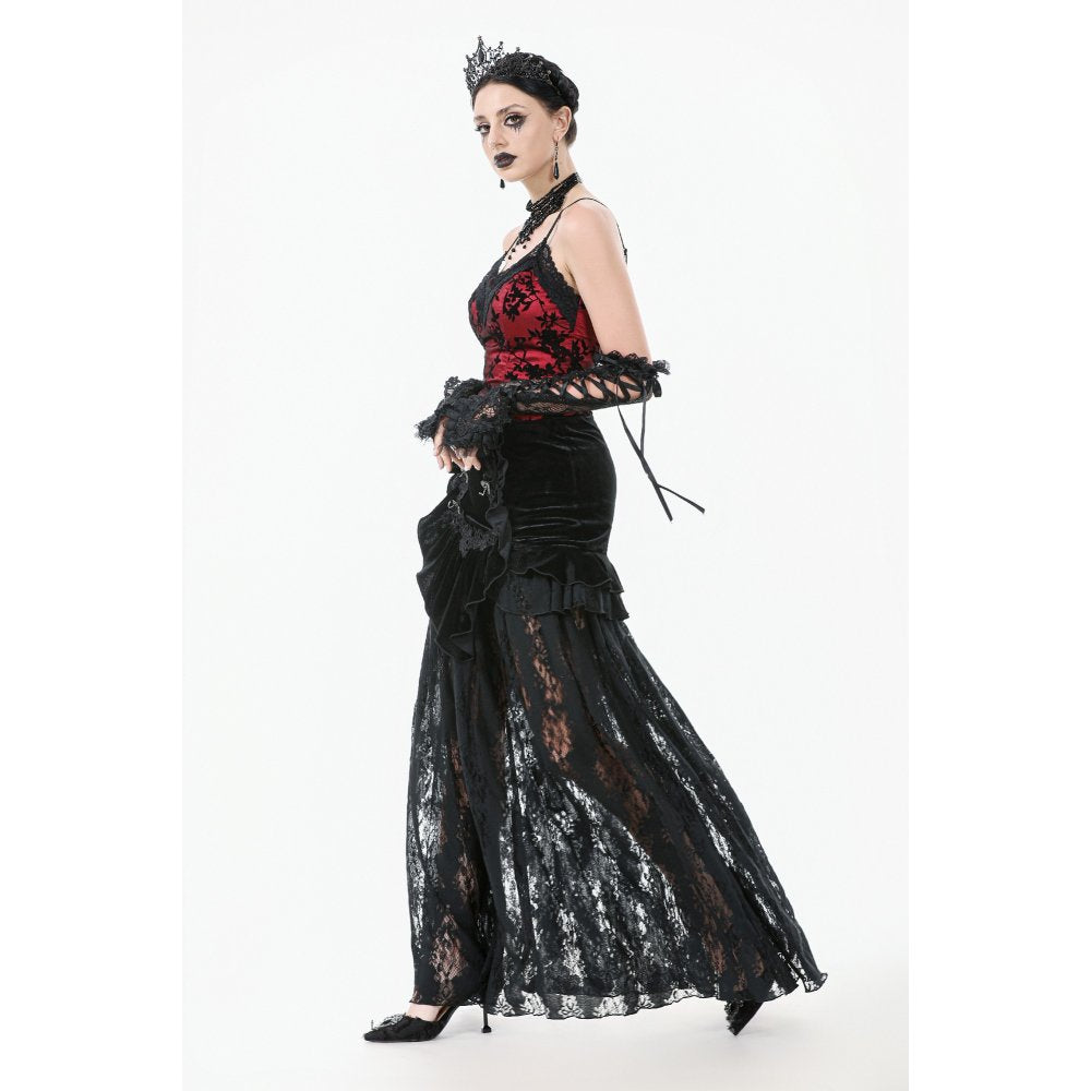 Dark in Love Gothic Lace Velvet Layered Maxi Skirt in Black - DevilGothic DevilGothic