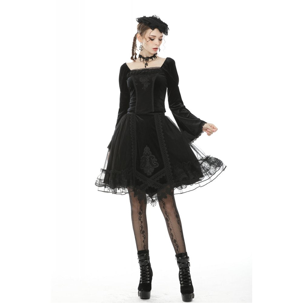 Dark in Love Melisandre Embroidered Velvet Mesh Goth Skirt in Black - DevilGothic DevilGothic