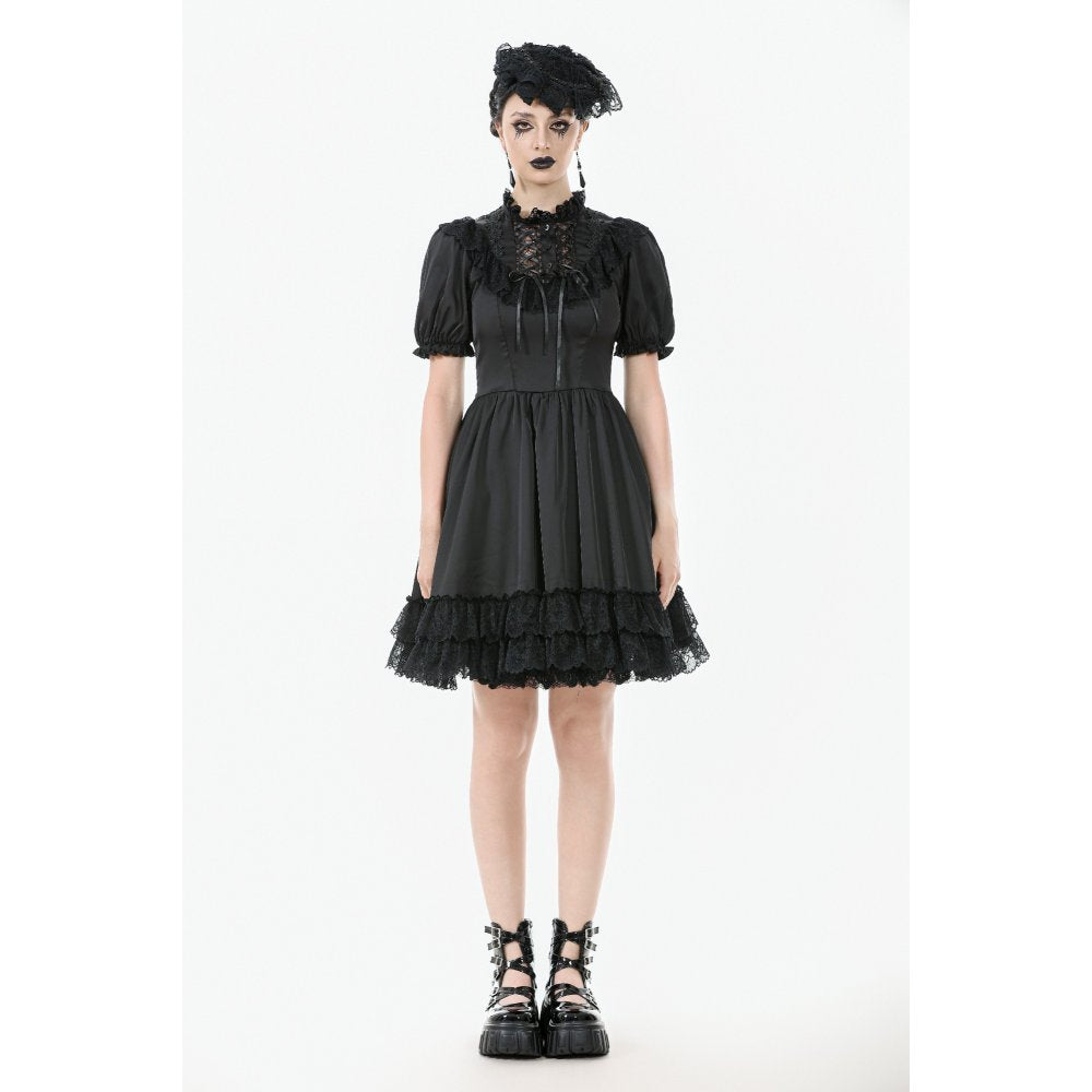 Dark in Love Belladonna Lace-Up High Collar Puff Sleeve Goth Dress  in Black - DevilGothic DevilGothic
