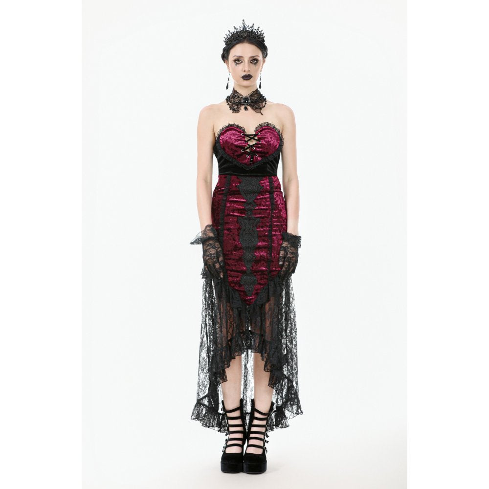 Dark in Love Crimson Queen Lace High-Low Goth Skirt in Burgundy & Black - DevilGothic DevilGothic