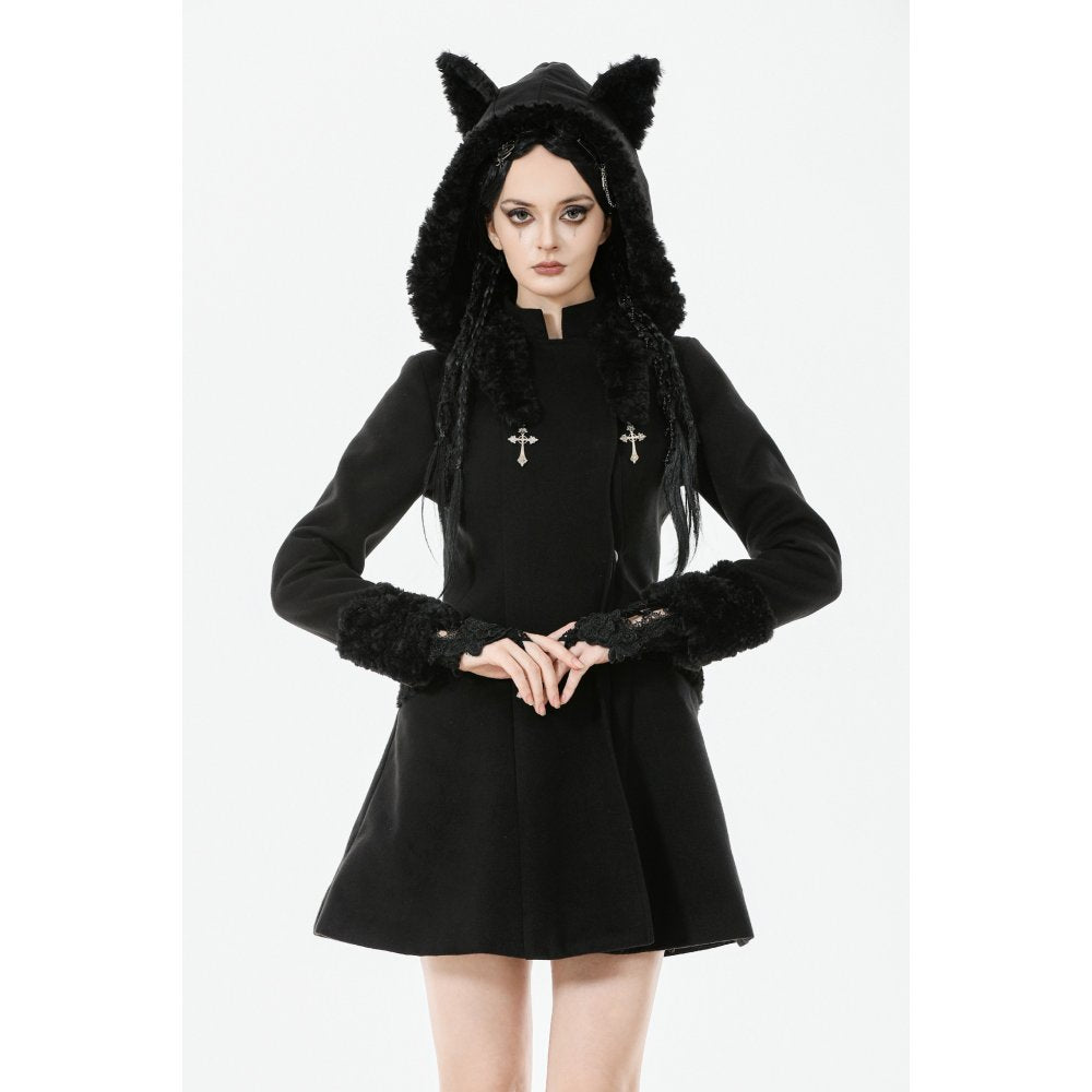 Dark in Love Cat-Ear Faux Fur Trim Gothic Coat - DevilGothic DevilGothic