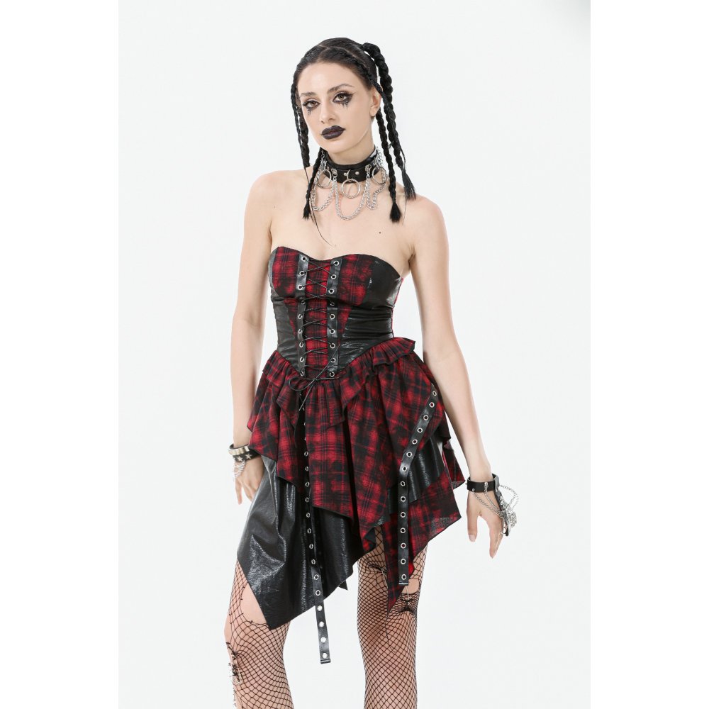 Dark in Love Red Tartan Corset Punk Dress with Handkerchief Skirt - DevilGothic DevilGothic