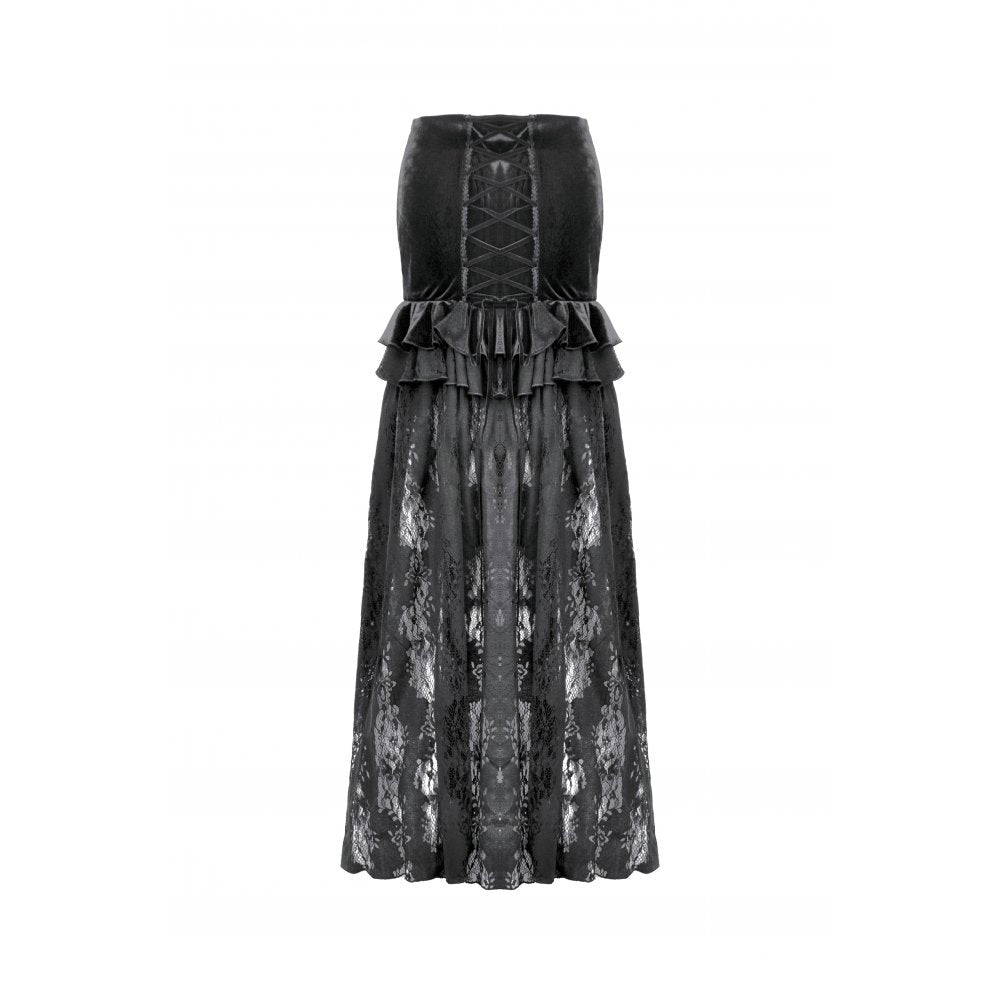 Dark in Love Gothic Lace Velvet Layered Maxi Skirt in Black - DevilGothic DevilGothic