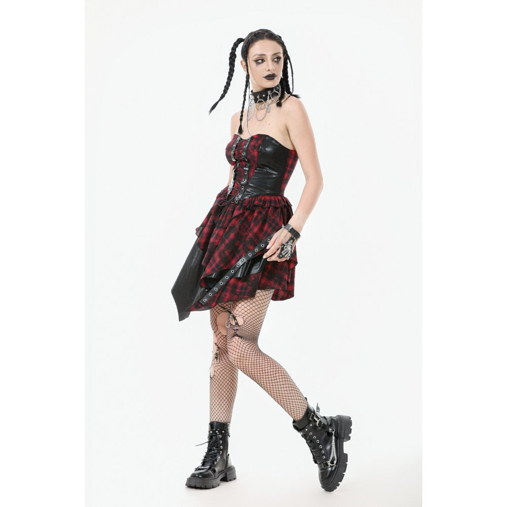 Dark in Love Red Tartan Corset Punk Dress with Handkerchief Skirt - DevilGothic DevilGothic