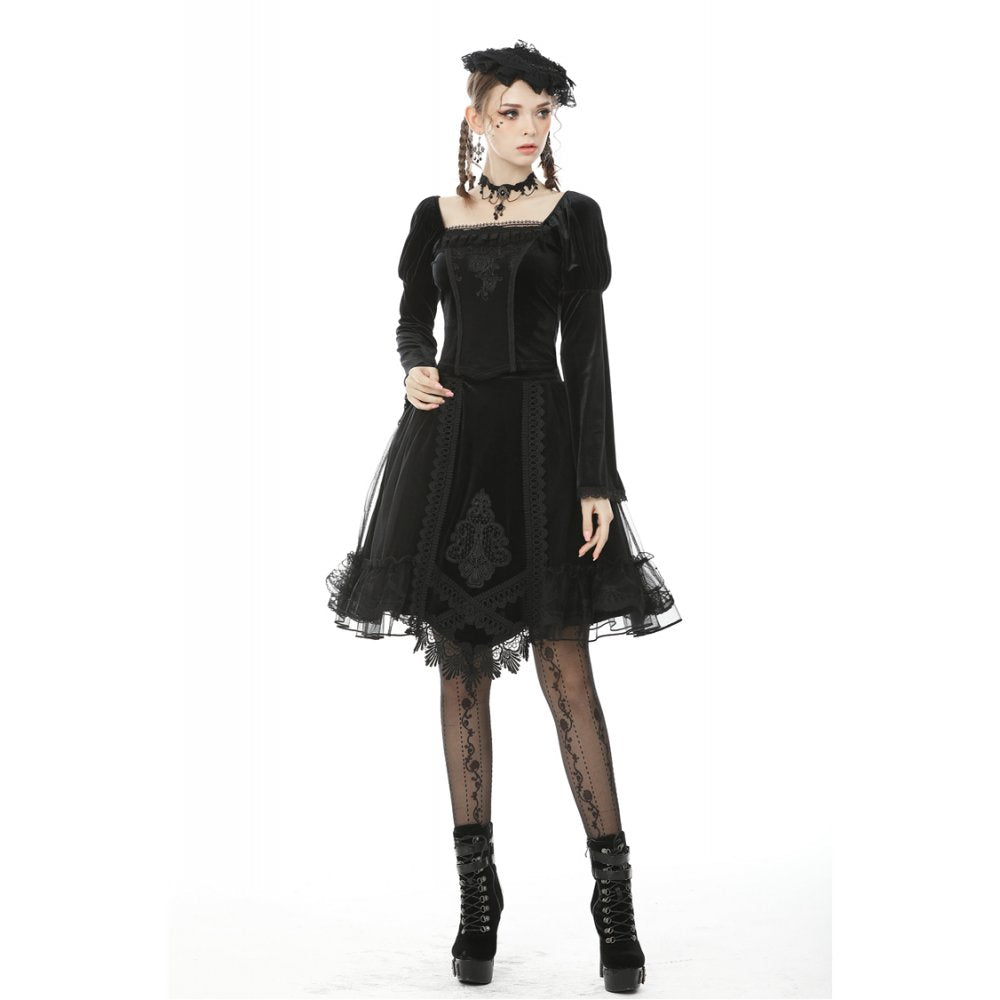 Dark in Love Melisandre Embroidered Velvet Mesh Goth Skirt in Black - DevilGothic DevilGothic