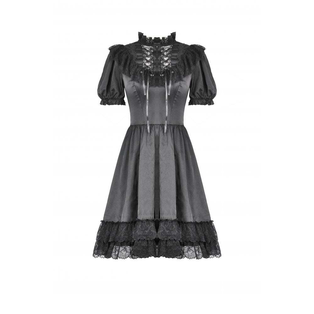 Dark in Love Belladonna Lace-Up High Collar Puff Sleeve Goth Dress  in Black - DevilGothic DevilGothic