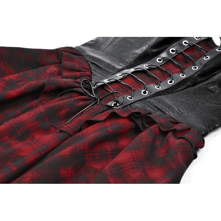 Dark in Love Red Tartan Corset Punk Dress with Handkerchief Skirt - DevilGothic DevilGothic