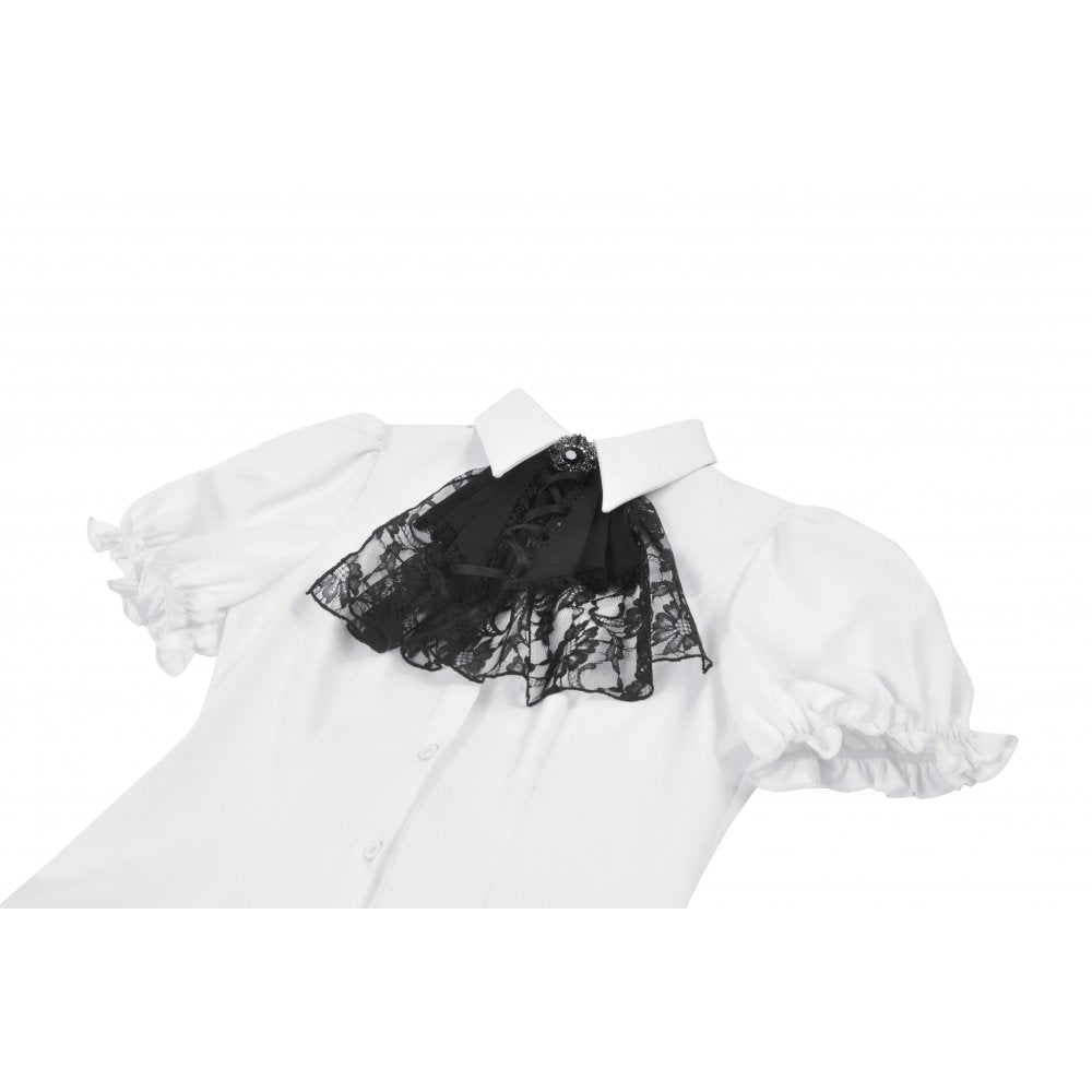 Dark in Love Elysia Ruffle Bib Puff Sleeve Goth Blouse in White - DevilGothic DevilGothic