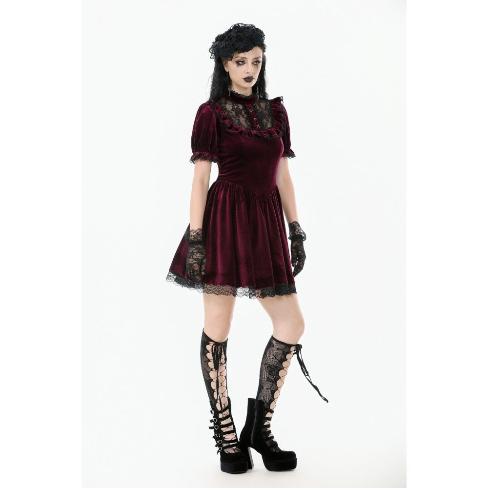 Dark in Love Ophelia Lace Collar Burgundy Velvet Goth Dress - DevilGothic DevilGothic