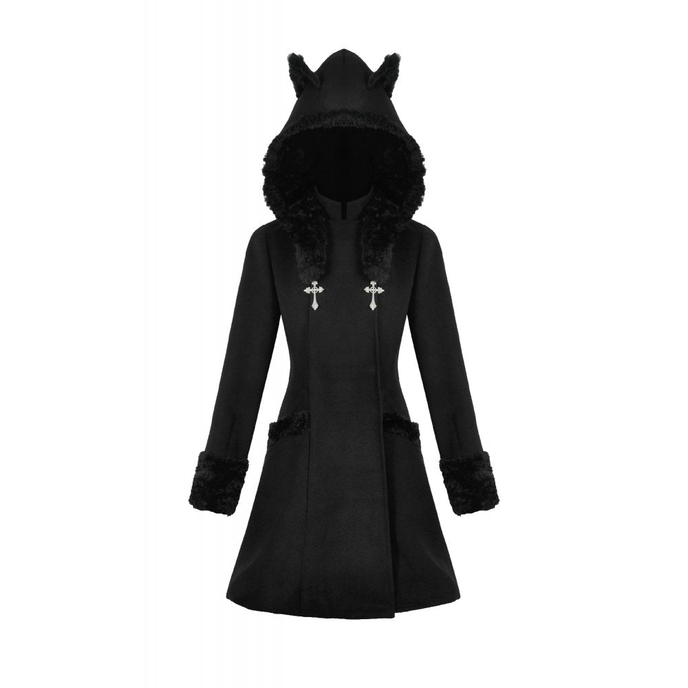 Dark in Love Cat-Ear Faux Fur Trim Gothic Coat - DevilGothic DevilGothic
