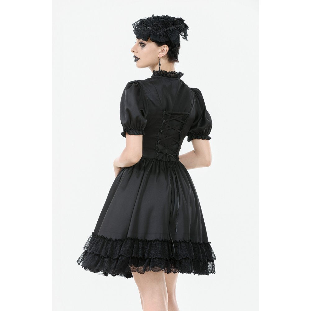 Dark in Love Belladonna Lace-Up High Collar Puff Sleeve Goth Dress  in Black - DevilGothic DevilGothic