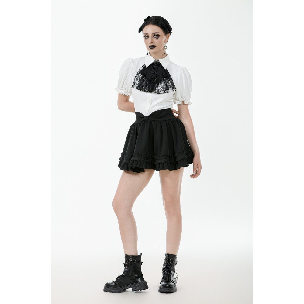 Dark in Love Elysia Ruffle Bib Puff Sleeve Goth Blouse in White - DevilGothic DevilGothic