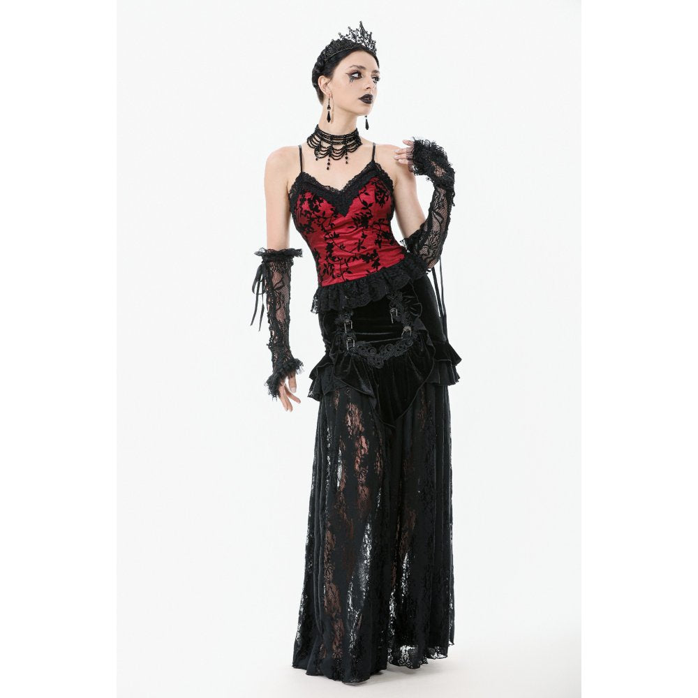 Dark in Love Gothic Lace Velvet Layered Maxi Skirt in Black - DevilGothic DevilGothic