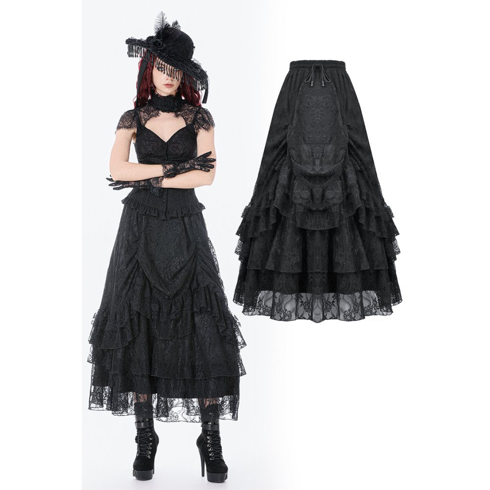 Dark in Love Vintage Gothic Lace Layered Maxi Skirt - DevilGothic DevilGothic