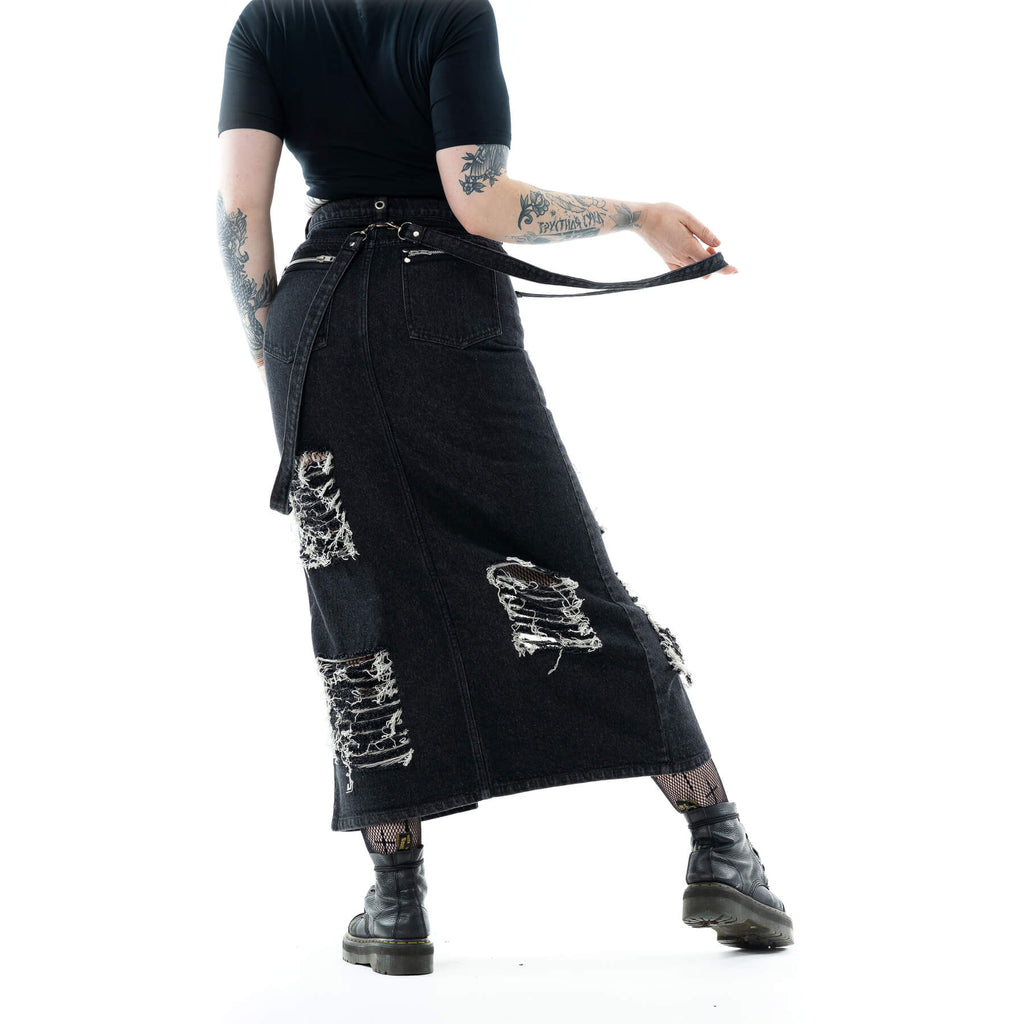Vixxsin Runa Distressed Denim Maxi Skirt - Black Stonewash - DevilGothic DevilGothic