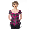 Heartless Hemlock Top - Ladies Dark Pink Check Gothic Corset Top - DevilGothic DevilGothic