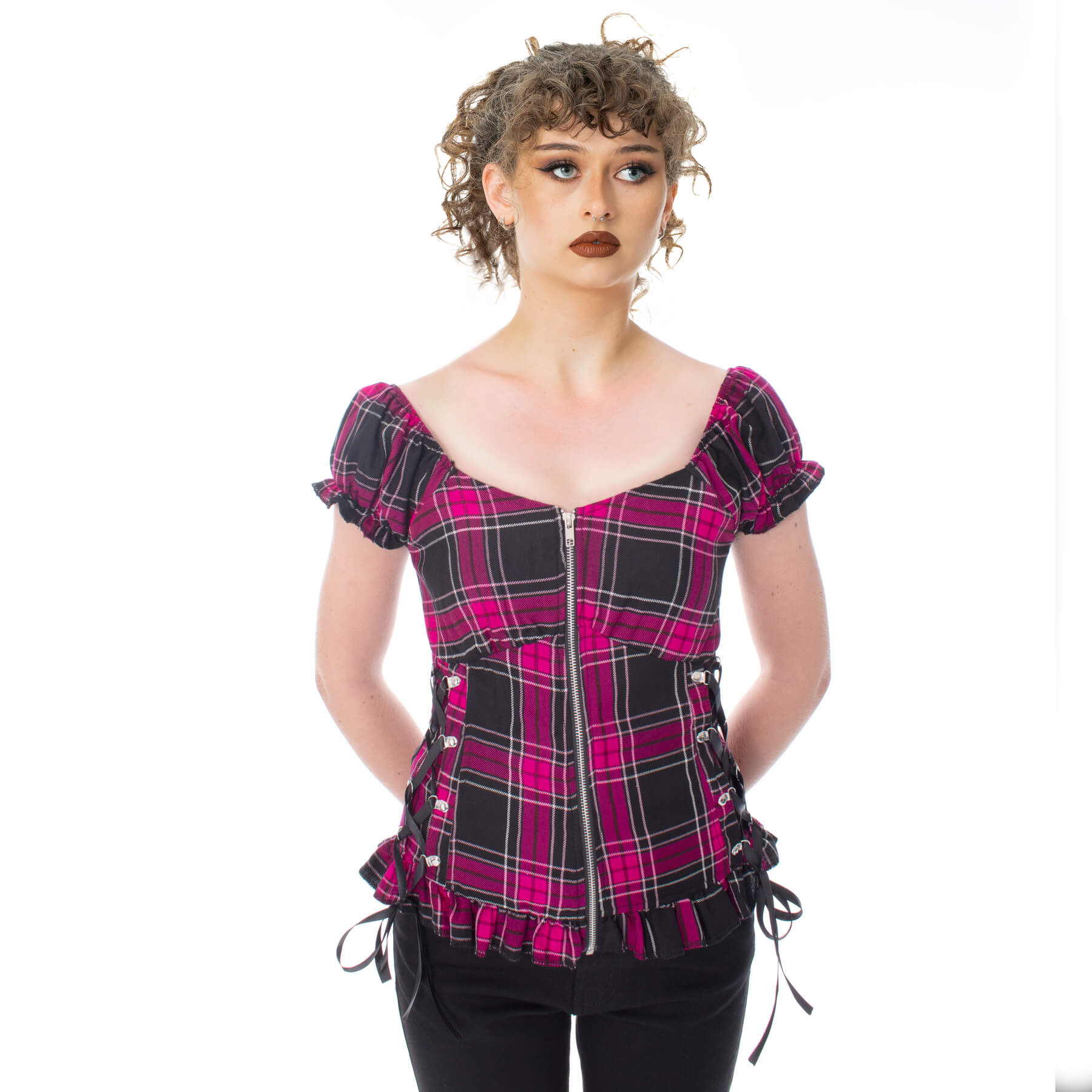 Heartless Hemlock Top - Ladies Dark Pink Check Gothic Corset Top