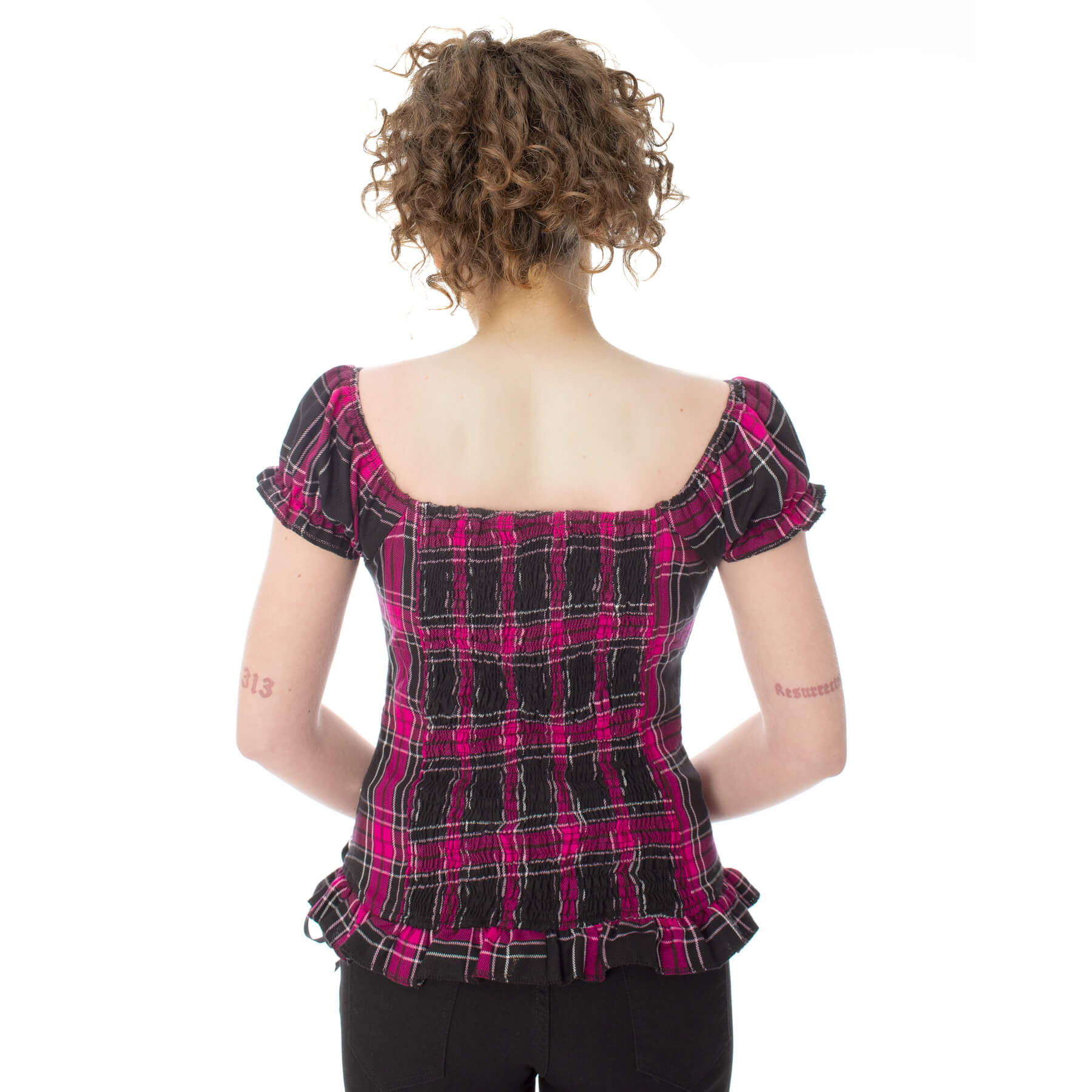 Heartless Hemlock Top - Ladies Dark Pink Check Gothic Corset Top