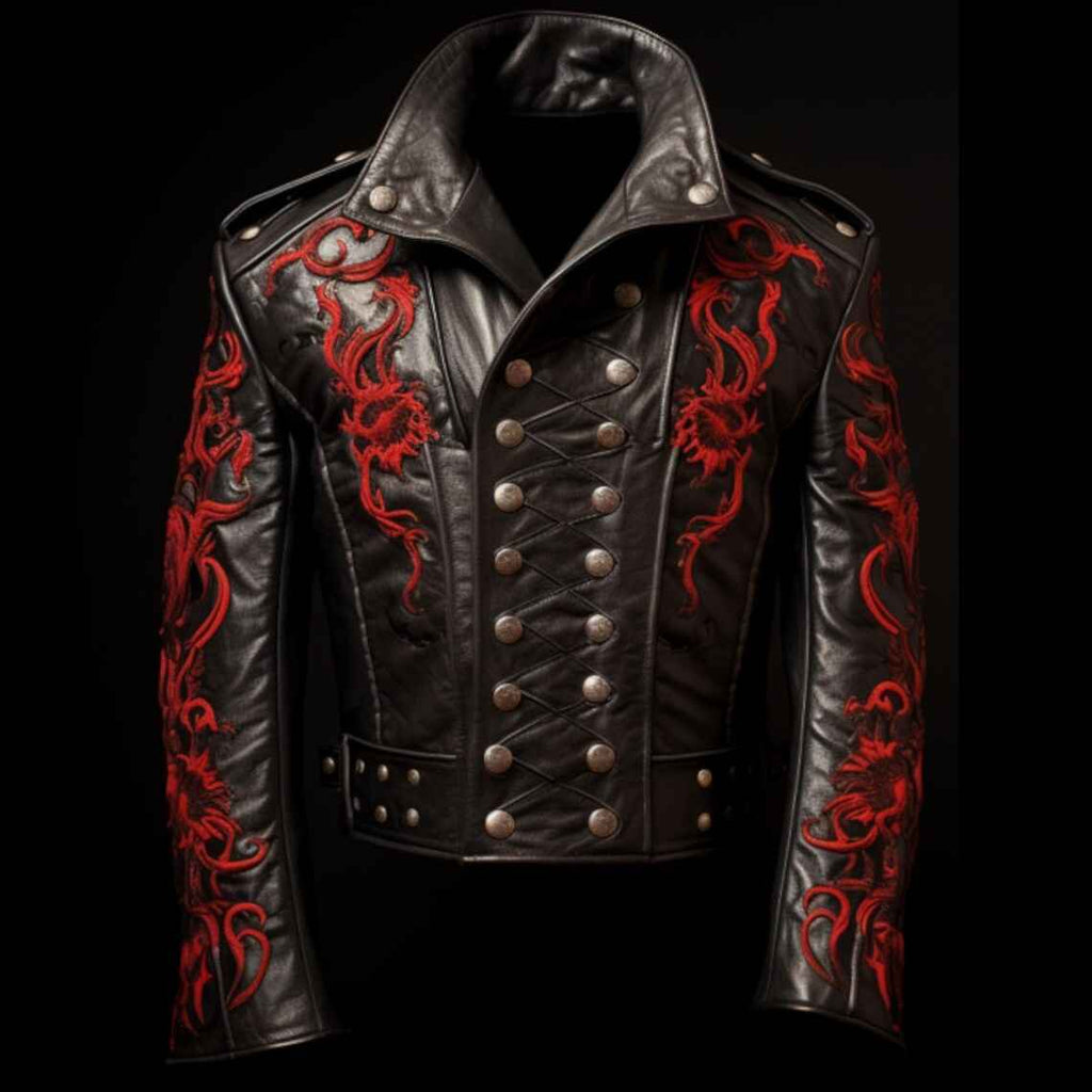 Gothic Dragon Leather Jacket – Black with Red Embroidery – Steampunk Military Style – Unisex Punk Rock Fashion – Made to Order