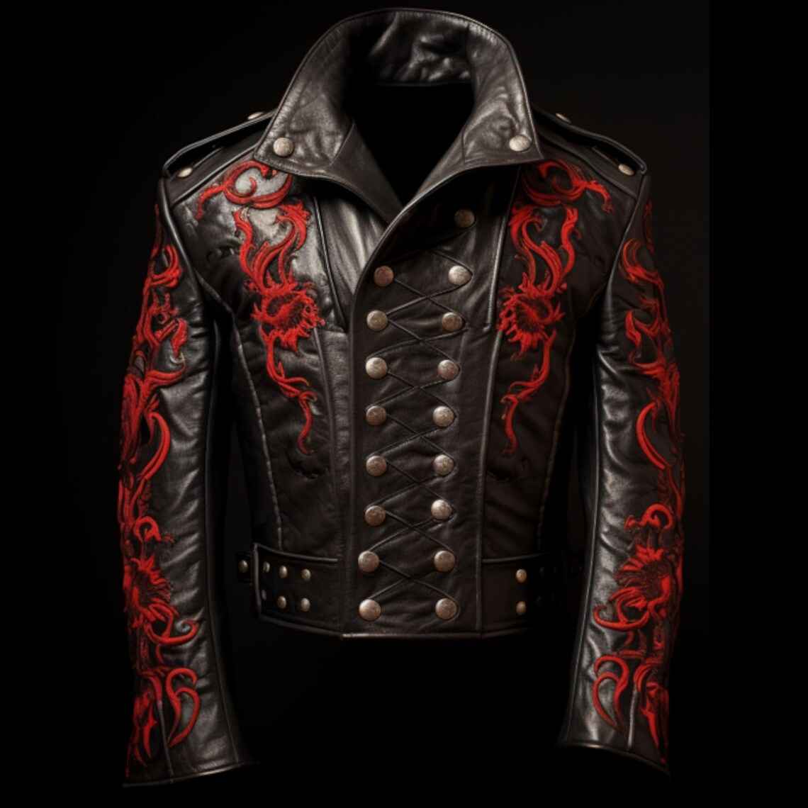 Gothic Dragon Leather Jacket – Black with Red Embroidery – Steampunk Military Style – Unisex Punk Rock Fashion – Made to Order