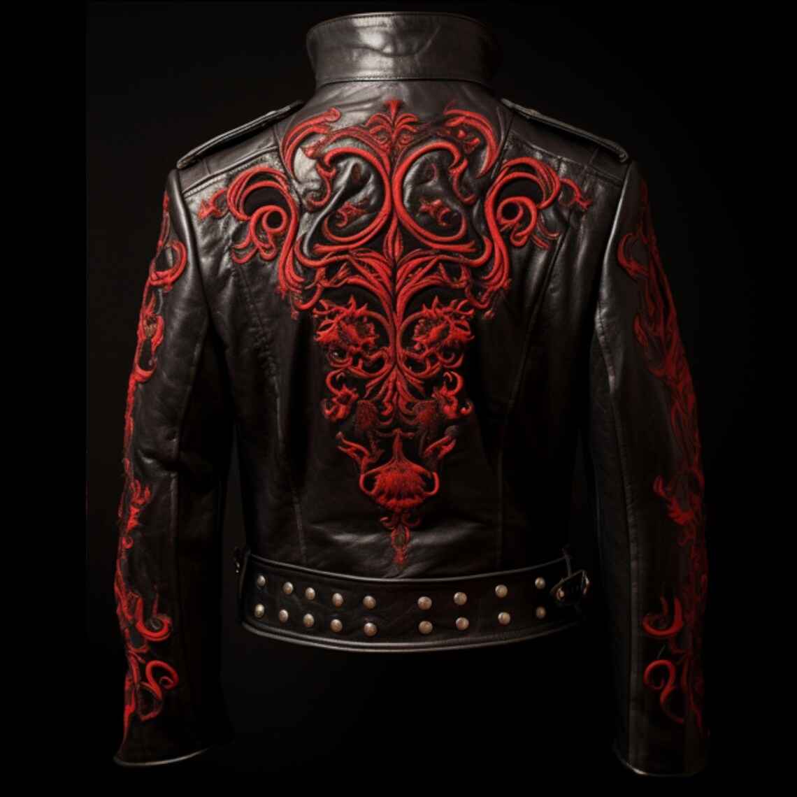 Gothic Dragon Leather Jacket – Black with Red Embroidery – Steampunk Military Style – Unisex Punk Rock Fashion – Made to Order