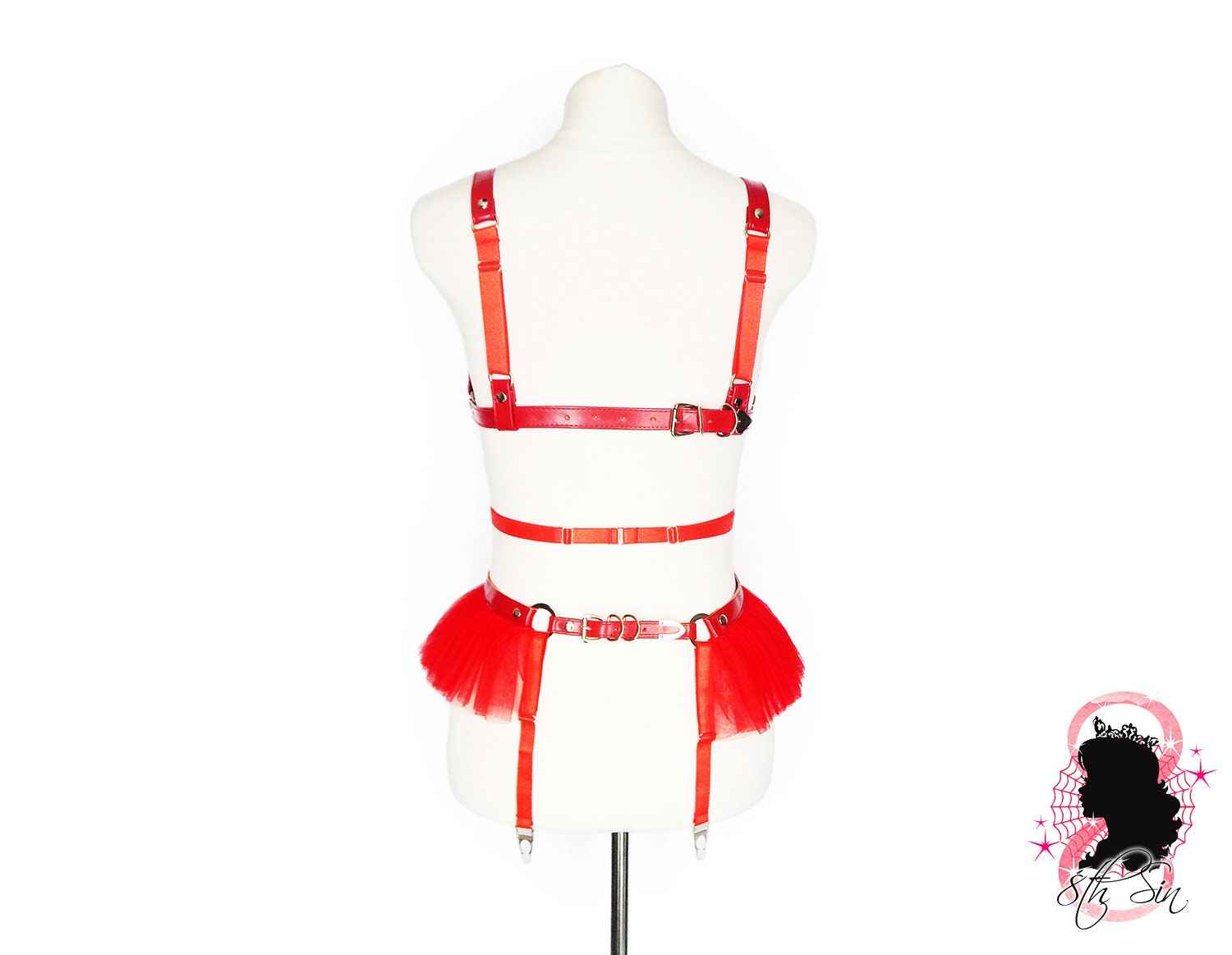 Red Vegan Leather Cage and Corset Harness Set