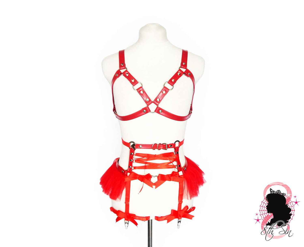 Red Vegan Leather Cage and Corset Harness Set