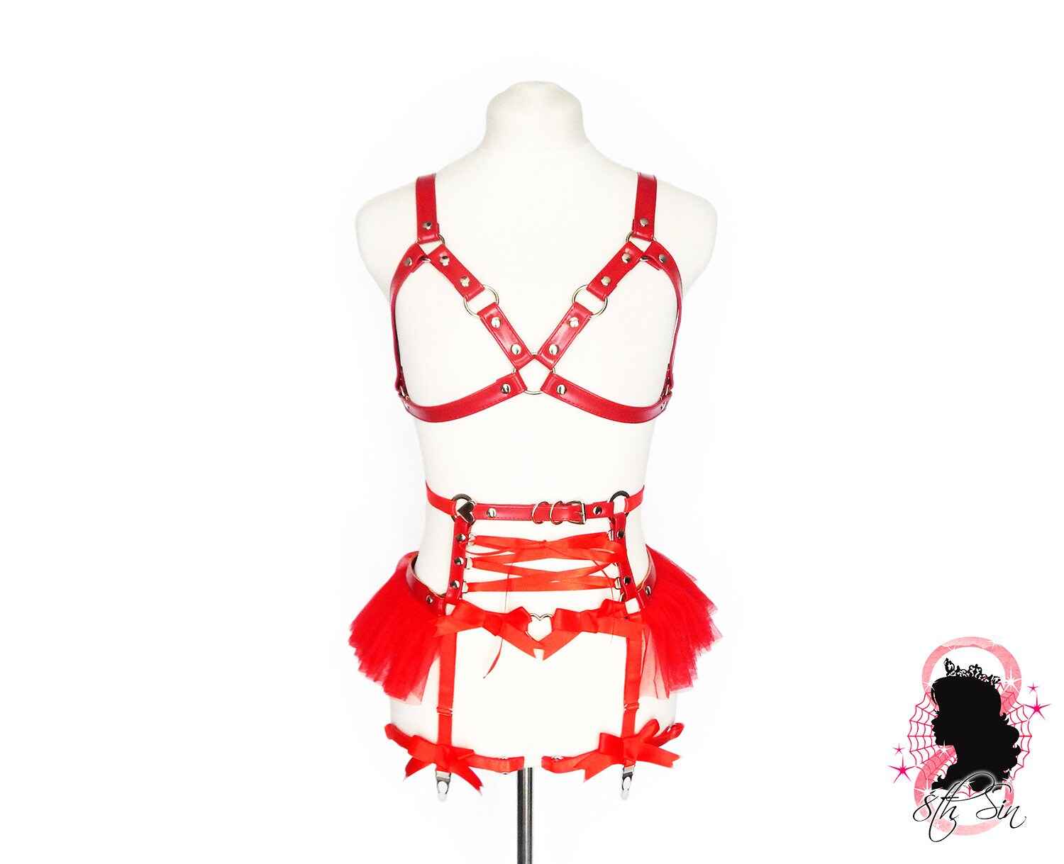 Red Vegan Leather Cage and Corset Harness Set