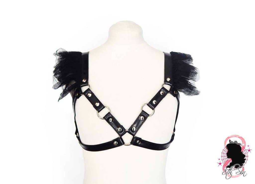 Black Vegan Leather Caged Mesh Body Harness Set