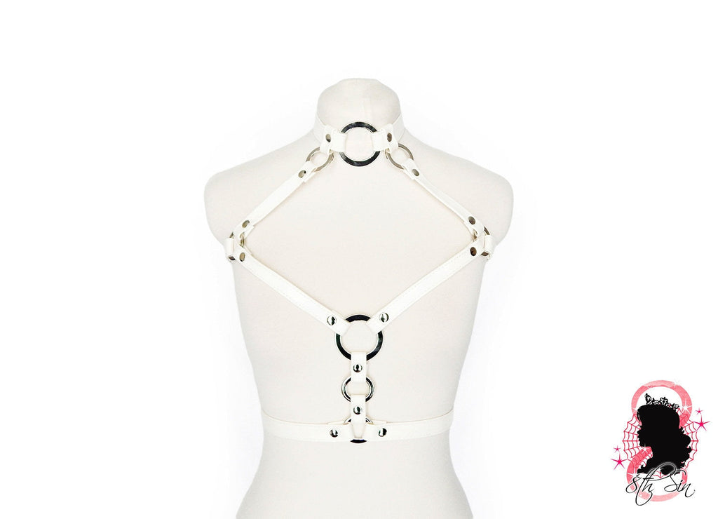 White Vegan Leather O Ring and Corset Harness Set
