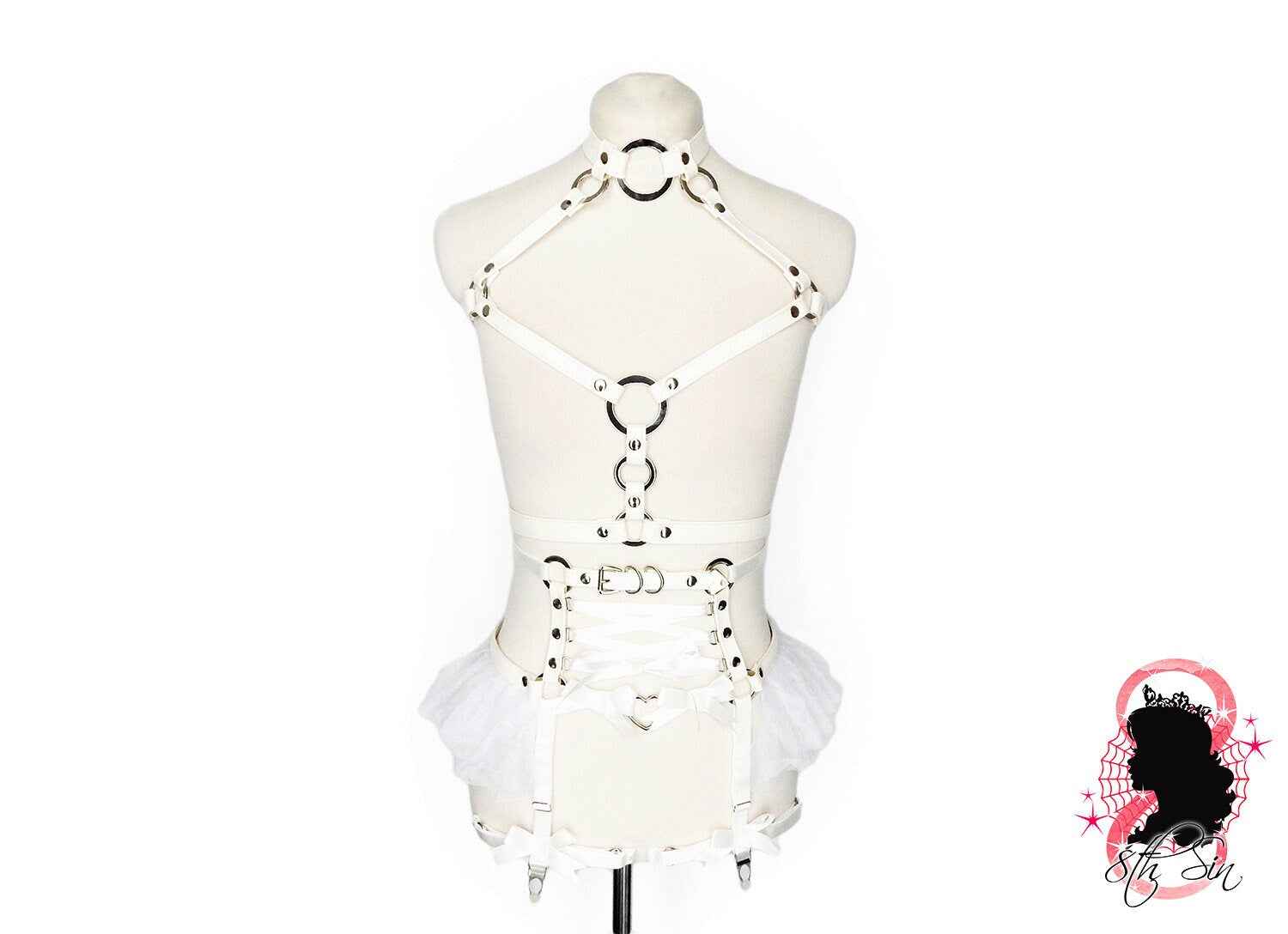 White Vegan Leather O Ring and Corset Harness Set