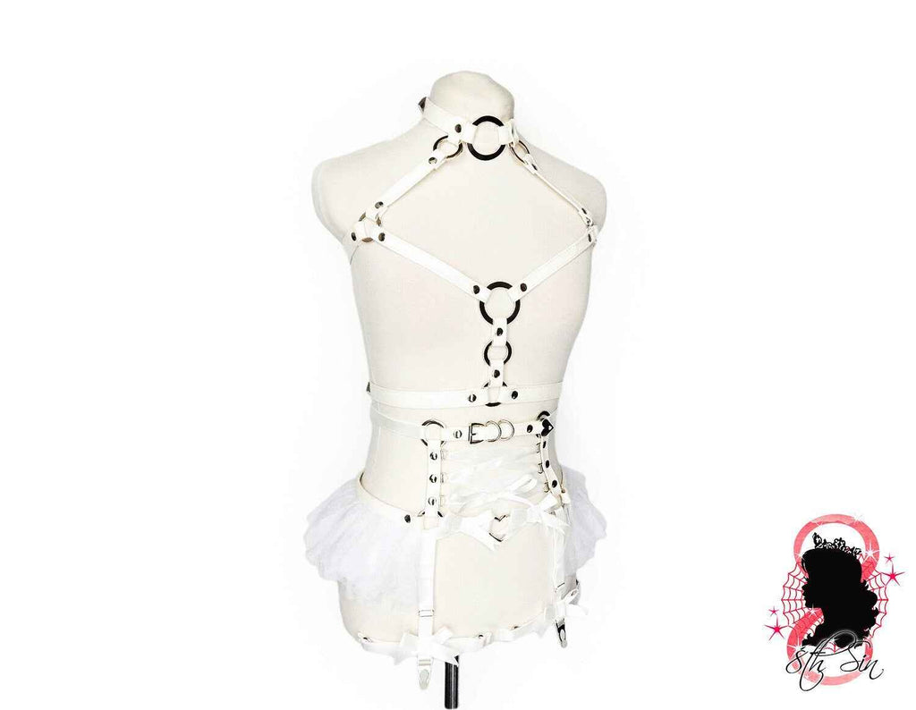 White Vegan Leather O Ring and Corset Harness Set