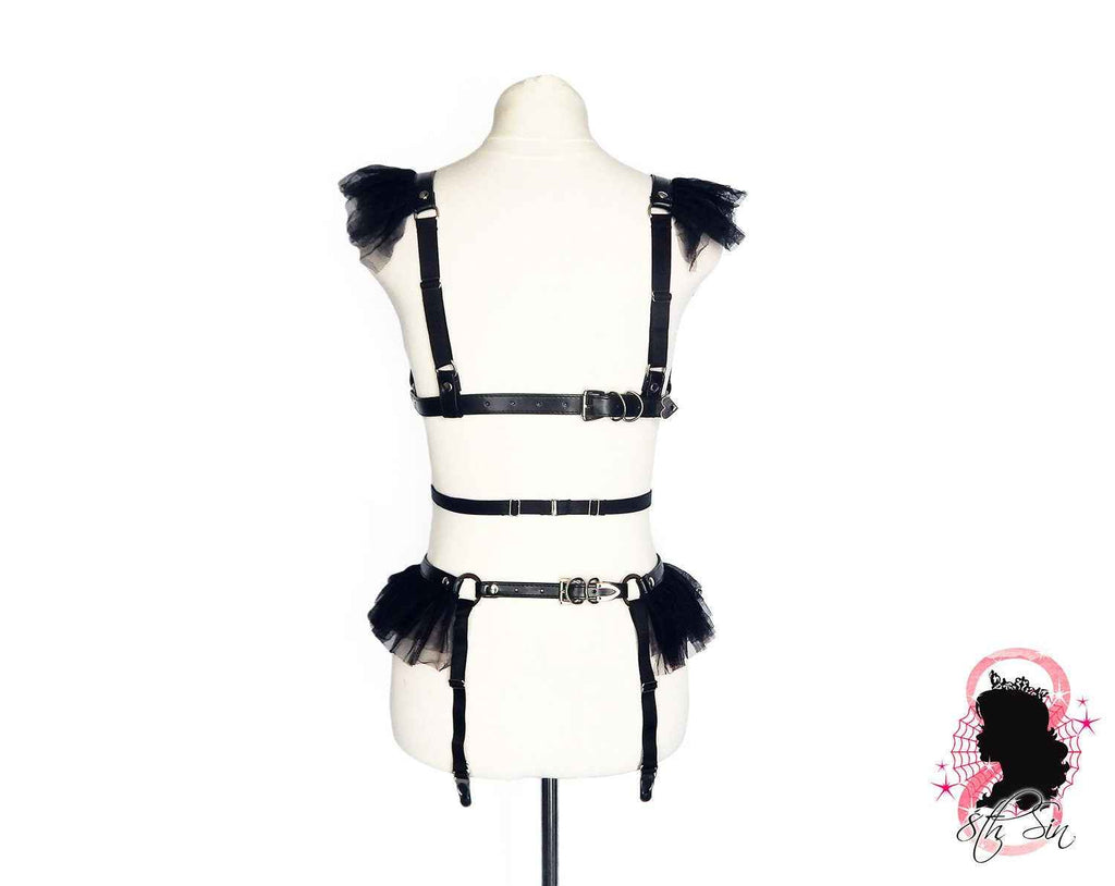 Black Vegan Leather Caged Mesh Body Harness Set