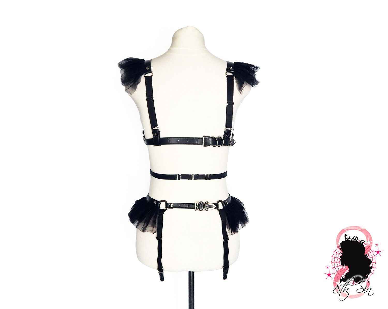 Black Vegan Leather Caged Mesh Body Harness Set