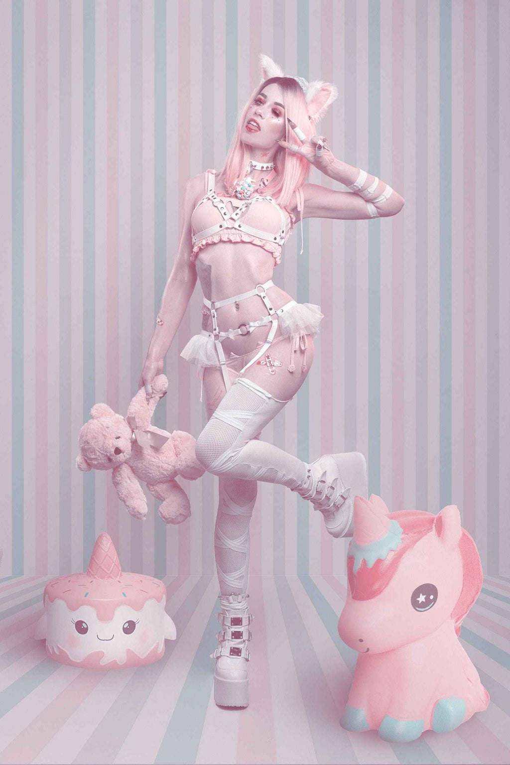 White Vegan Leather Cage Harness Set