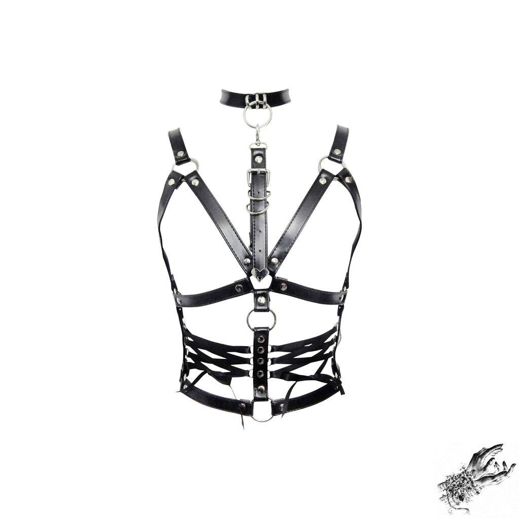 Black Vegan Leather Corset Harness Bra