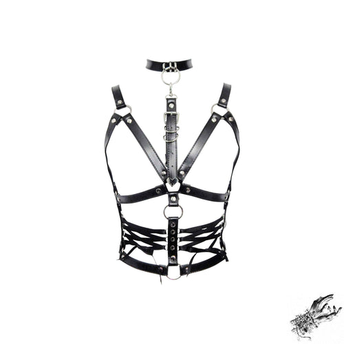 Black Vegan Leather Corset Harness Bra