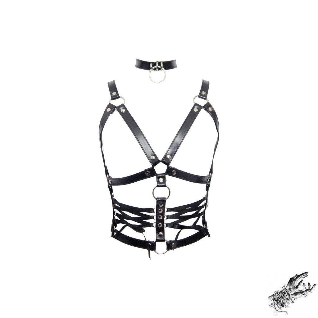 Black Vegan Leather Corset Harness Bra
