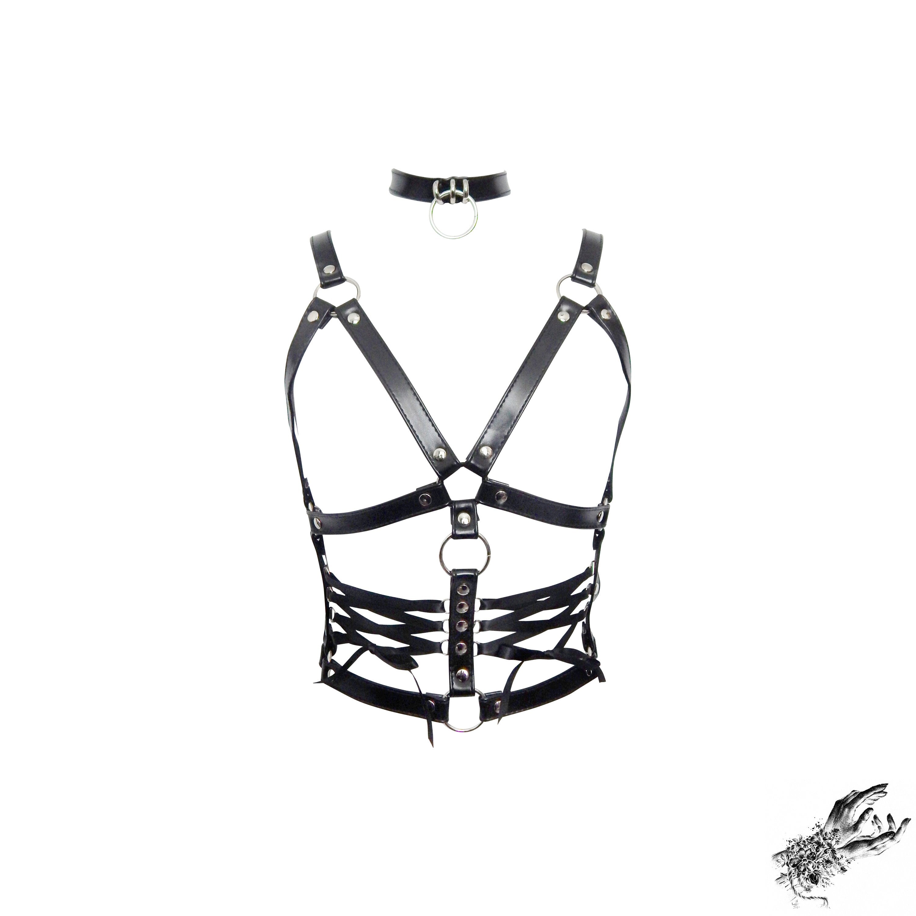 Black Vegan Leather Corset Harness Bra