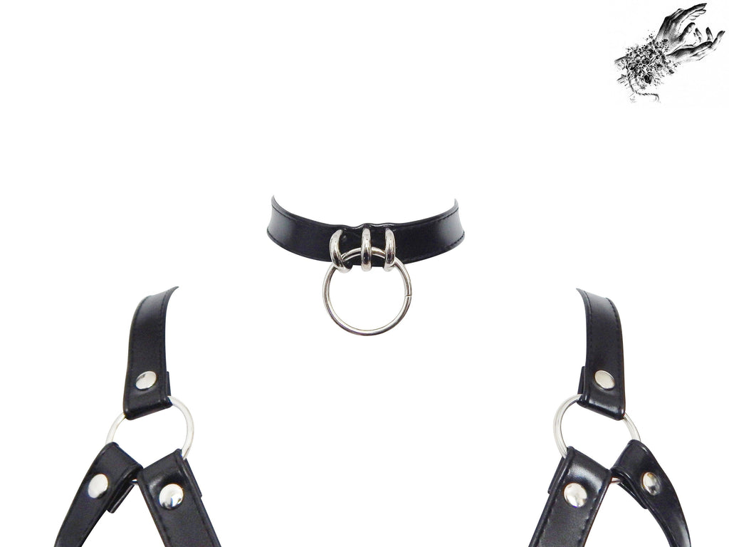 Black Vegan Leather Corset Harness Bra