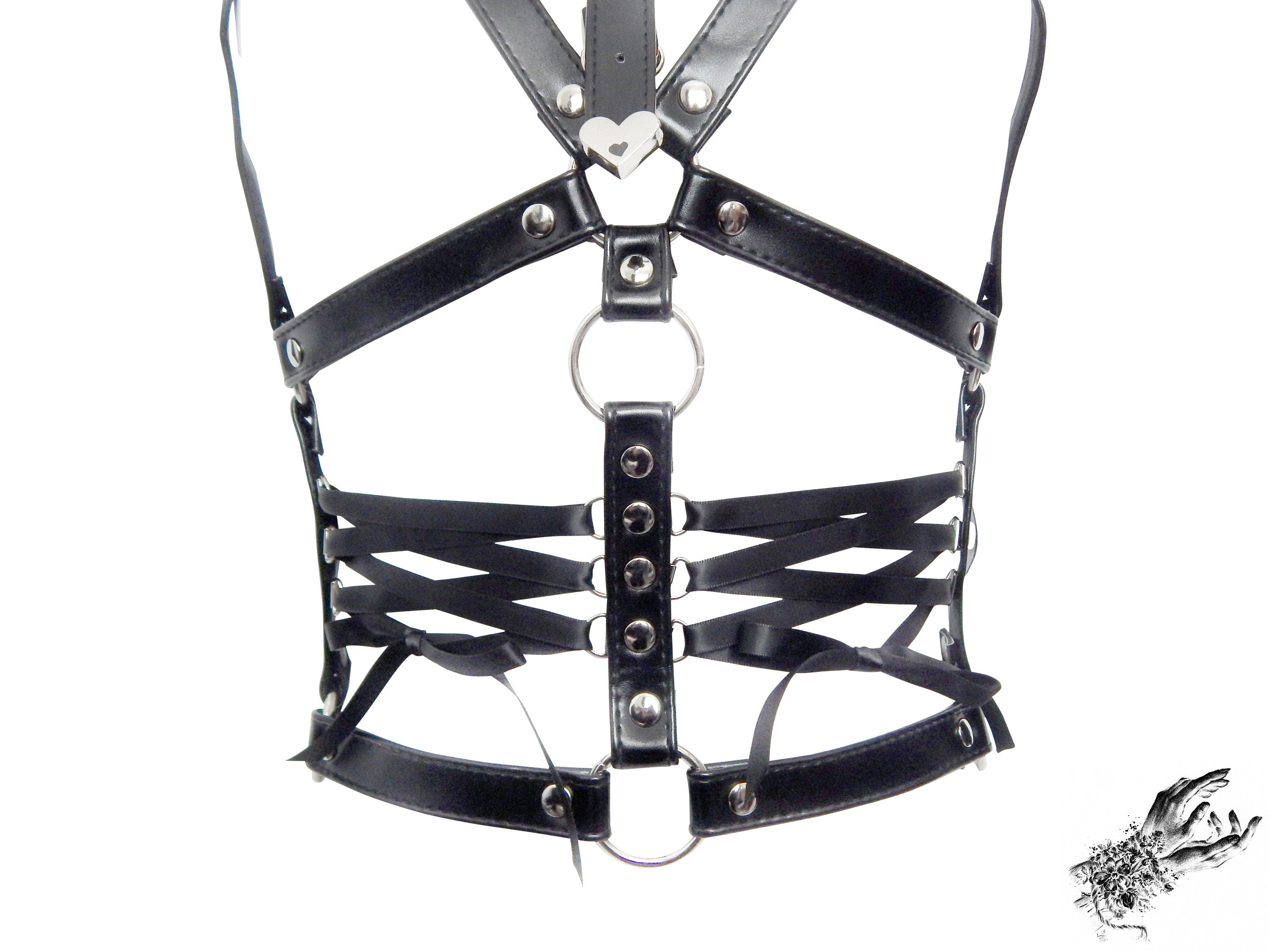 Black Vegan Leather Corset Harness Bra