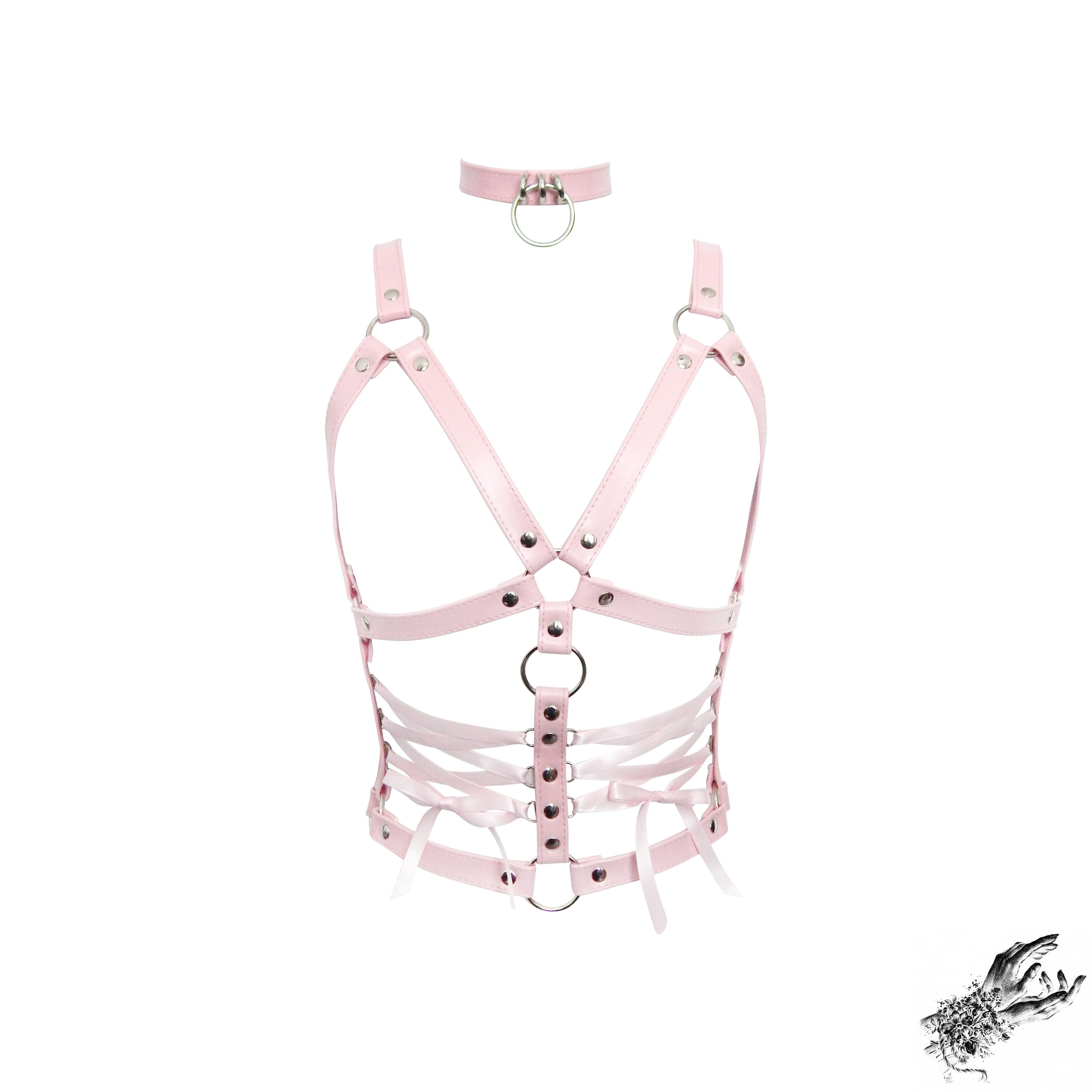 Pink Vegan Leather Corset Harness Bra