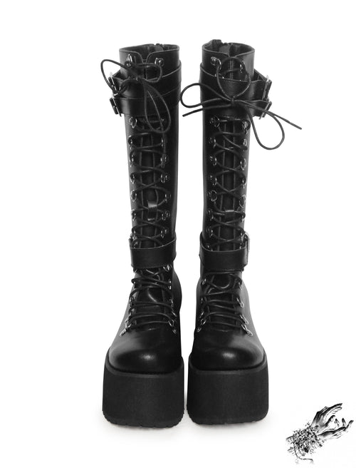 Black Matte Leather Knee High Platform Boots, "Lexa" Gothic Platform Boots