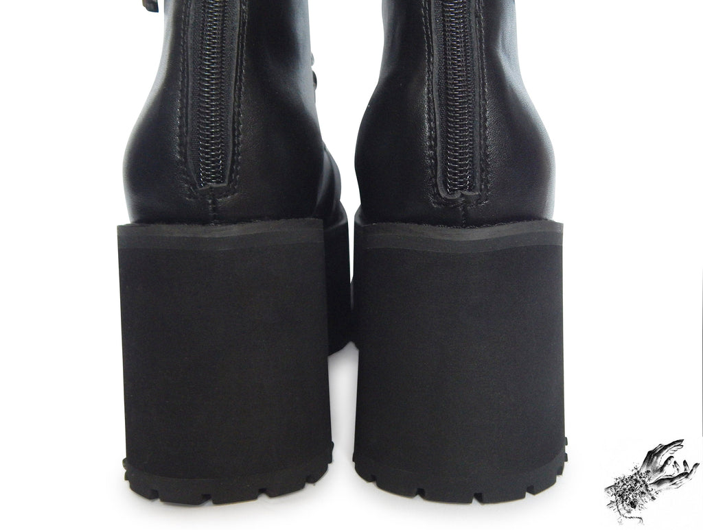 Black Matte Leather Knee High Platform Boots, "Lexa" Gothic Platform Boots