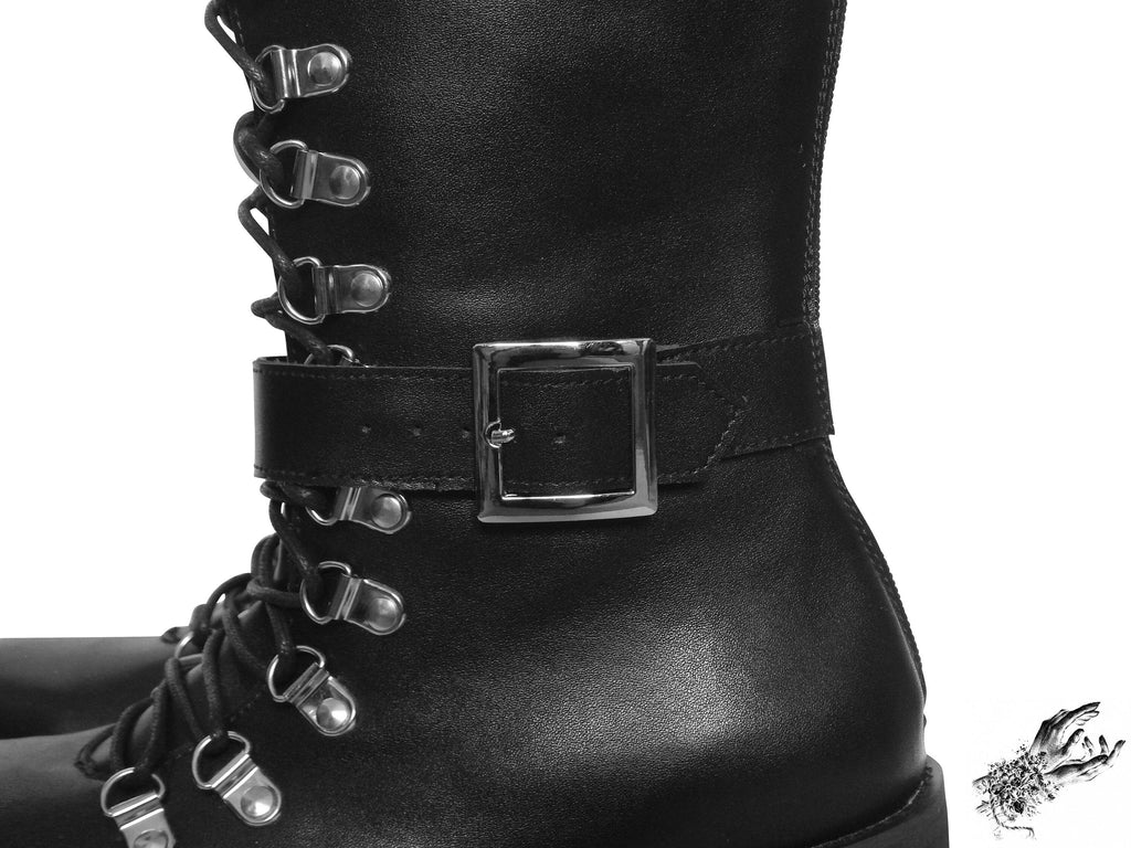 Black Matte Leather Knee High Platform Boots, "Lexa" Gothic Platform Boots