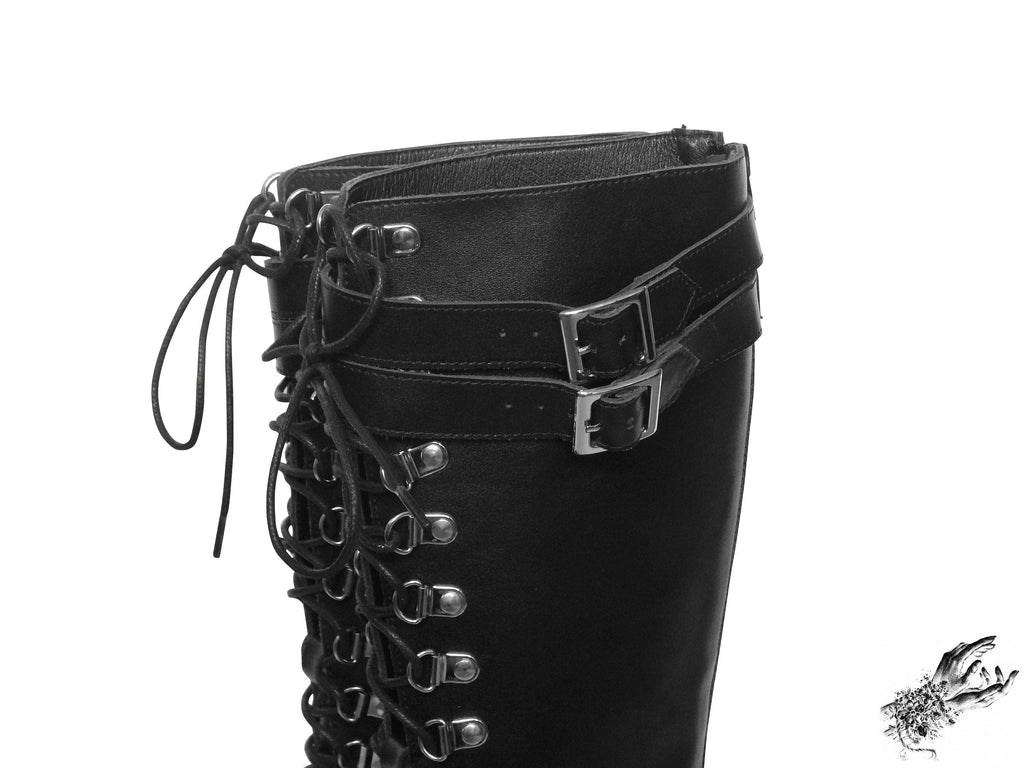 Black Matte Leather Knee High Platform Boots, "Lexa" Gothic Platform Boots