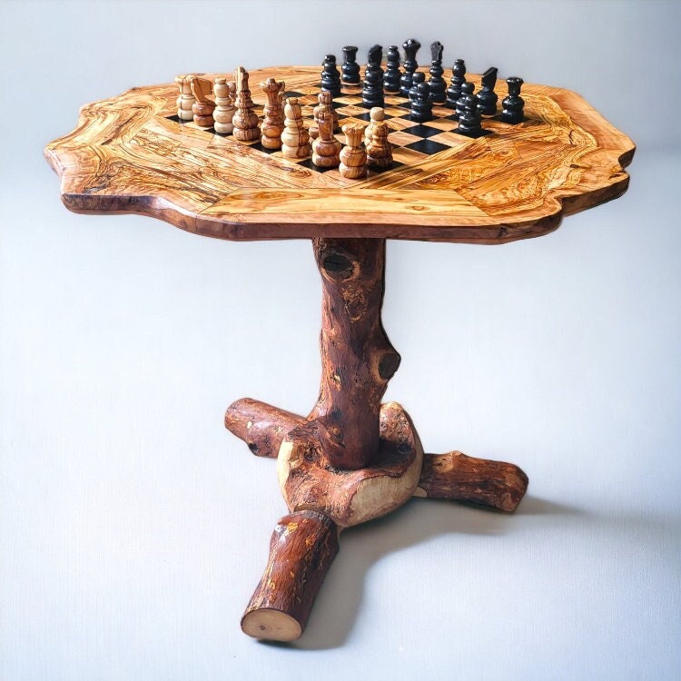 Rustic Olive Wood Chess Table - Luxury Handcrafted Pedestal Game Table 65cm