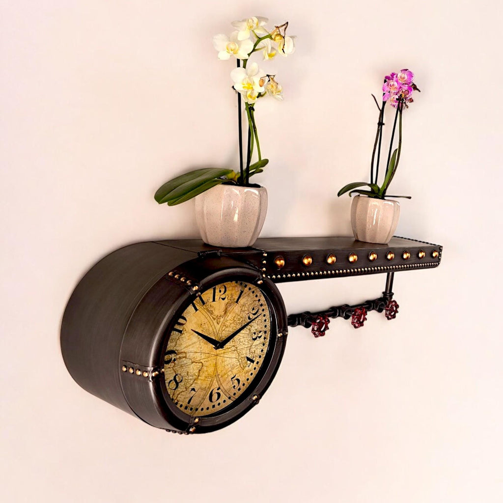 Wall Clock Shelf & Coat Rack | Vintage Multi-Functional Entryway Art